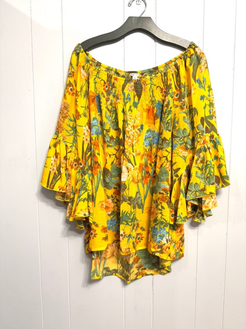 #14)  Cato Yellow Floral Off-Shoulder Top with Bell Sleeves